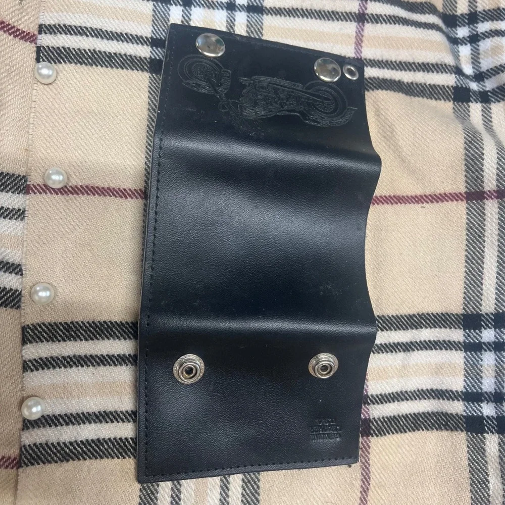 Mens Black Leather Biker Wallet Motorcycle Embossed Tri Fold Snap‎ Closure USA